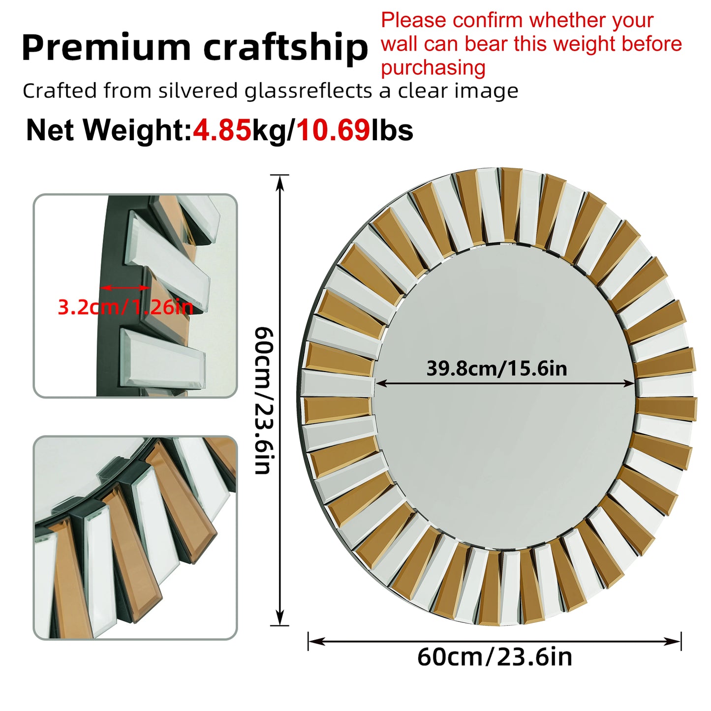 60/80cm Round Starburst Wall Mirror – Tawny Decorative Accent for Bathroom, Bedroom, Living Room & Dining Room