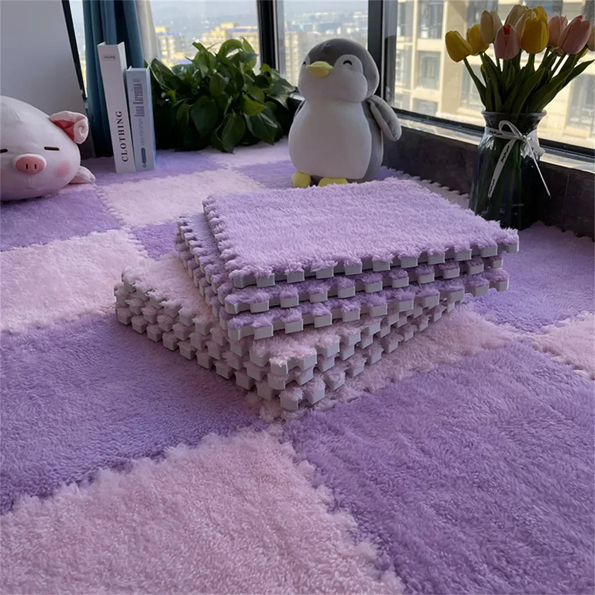 30×30CM Soft Plush Kids Play Mat – Interlocking Puzzle Floor Tiles, Warm Exercise & Decorative Carpet for Children