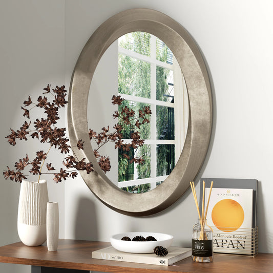 Large Oval Wall Mirror 32″ × 24″ – Baroque Silver Glass Vanity Mirror with Brass Edge Frame for Modern Home Decor