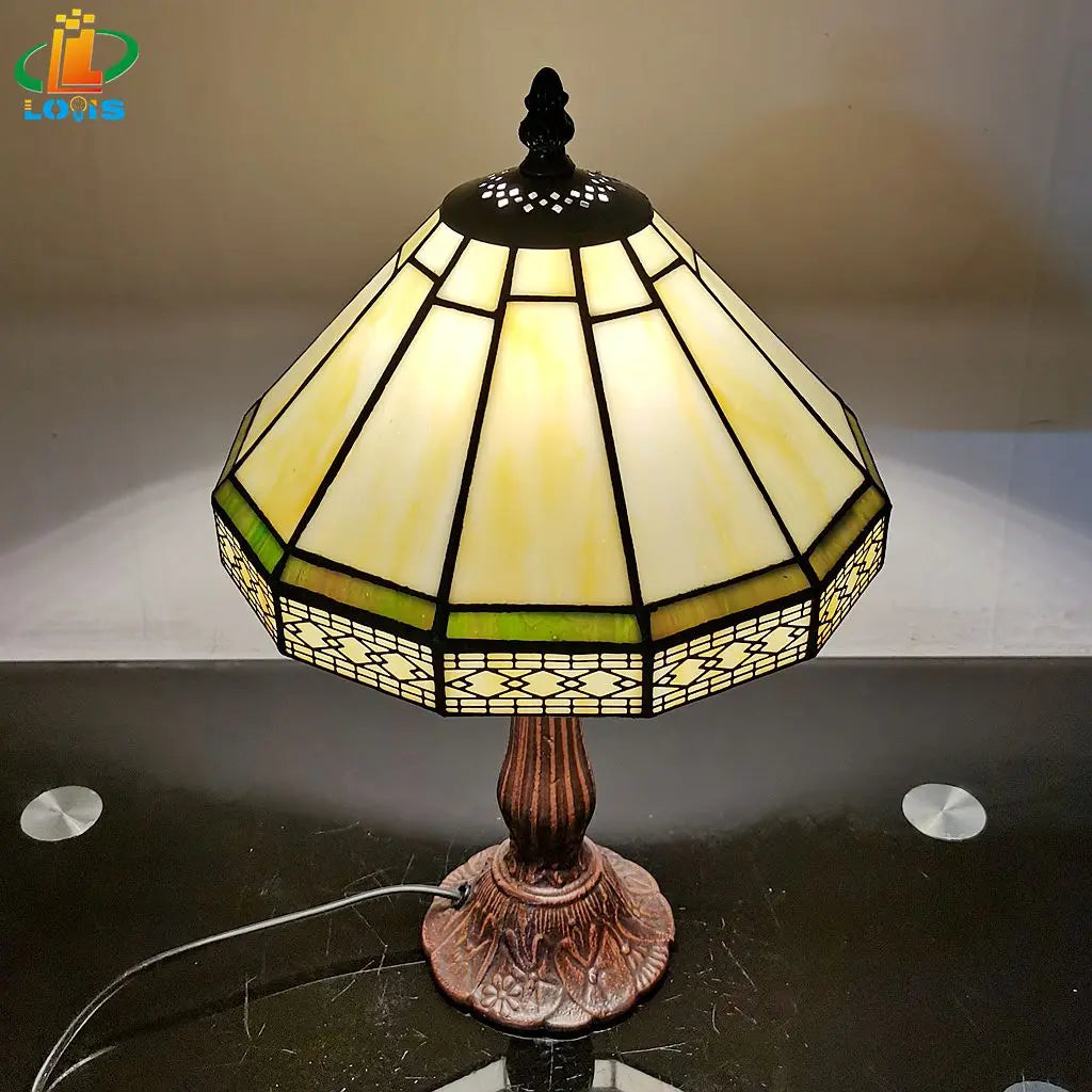 22cm Minimalist European Geometric Table Lamp – Tiffany Style Glass Desk Light for Living Room, Bar & Office