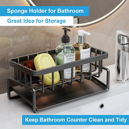 Kitchen Sink Sponge Holder, Sink Caddy Organizer with Divider for Dish Sponges & Cleaning Tools