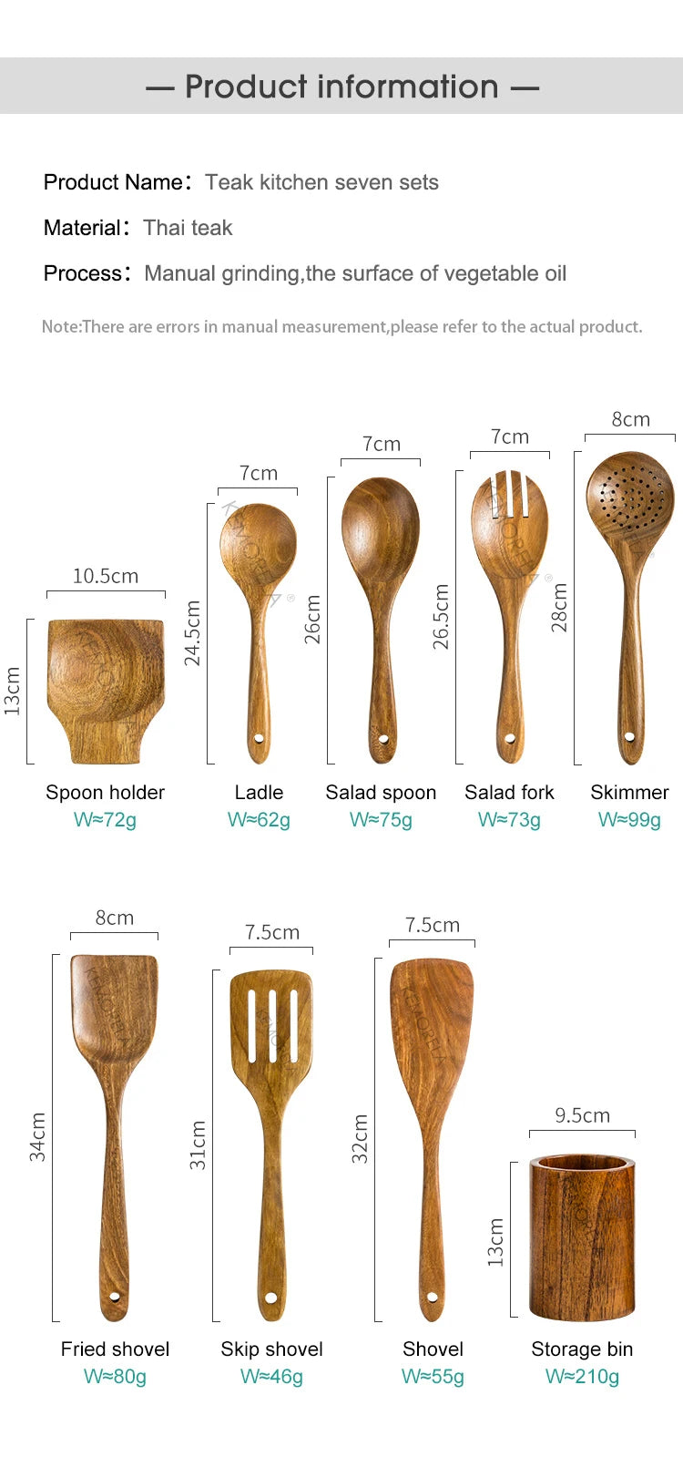 9-Piece Wooden Cooking Utensils Set with Holder, Teak Wood Spoons & Kitchen Tools