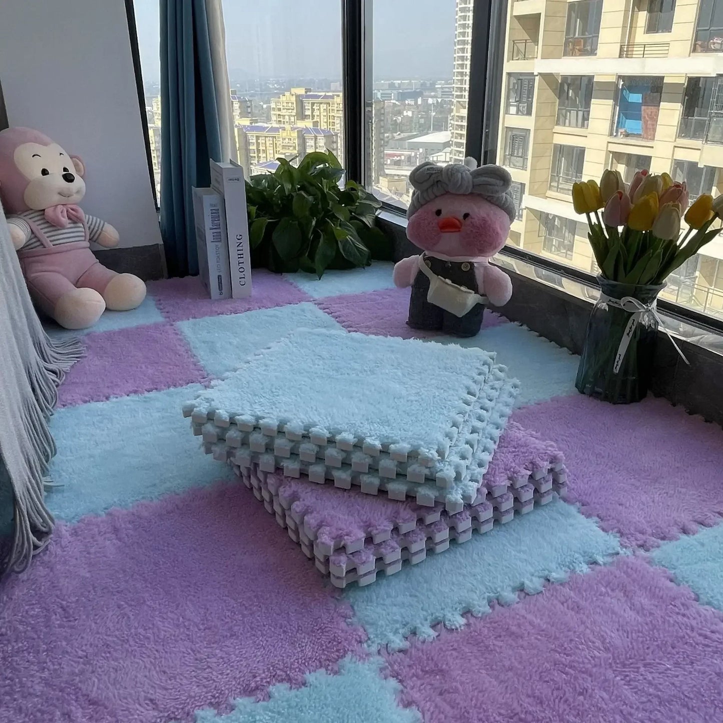 30×30CM Soft Plush Kids Play Mat – Interlocking Puzzle Floor Tiles, Warm Exercise & Decorative Carpet for Children