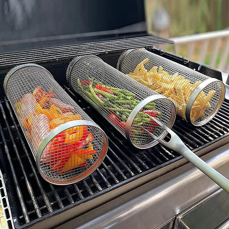 BBQ Basket Stainless Steel Rolling Grilling Basket