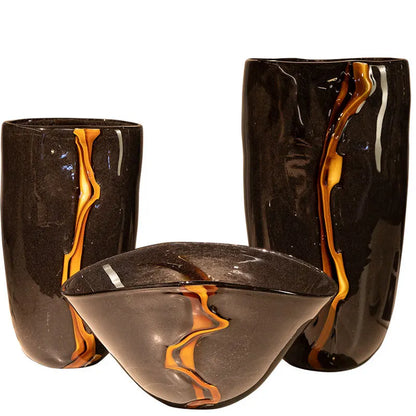 1PC High-End Black & Orange Veined Retro Flower Vase, Modern Soft Decoration for Home Decor
