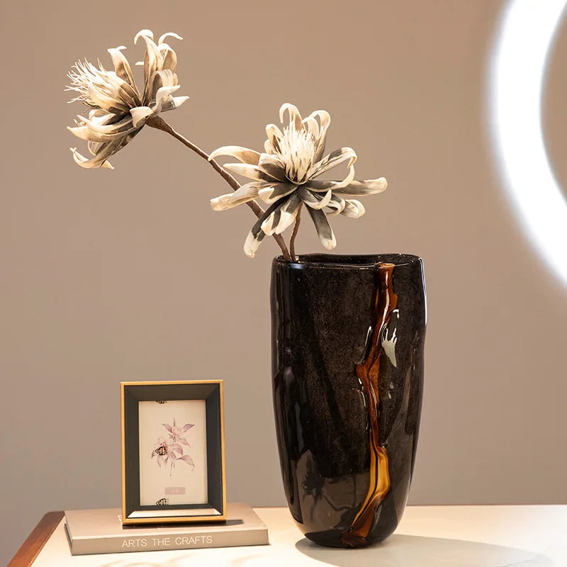 1PC High-End Black & Orange Veined Retro Flower Vase, Modern Soft Decoration for Home Decor