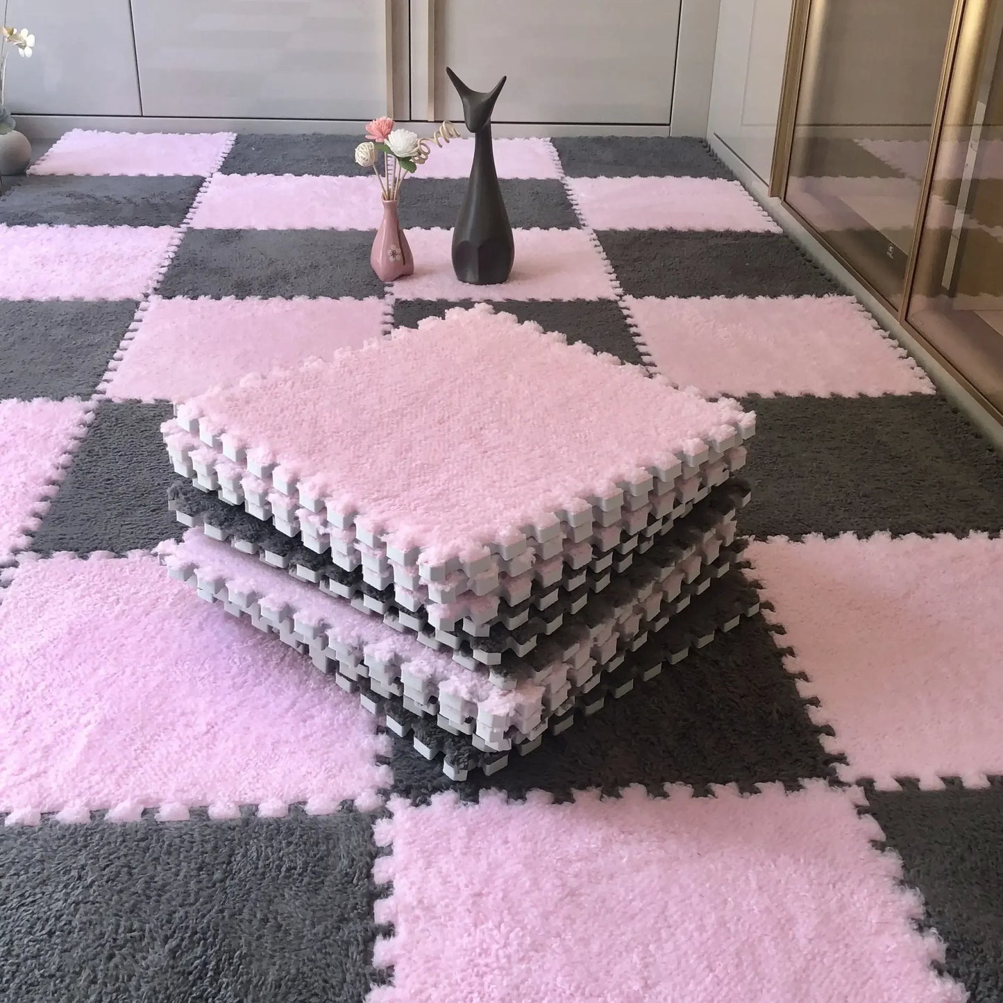 30×30CM Soft Plush Kids Play Mat – Interlocking Puzzle Floor Tiles, Warm Exercise & Decorative Carpet for Children
