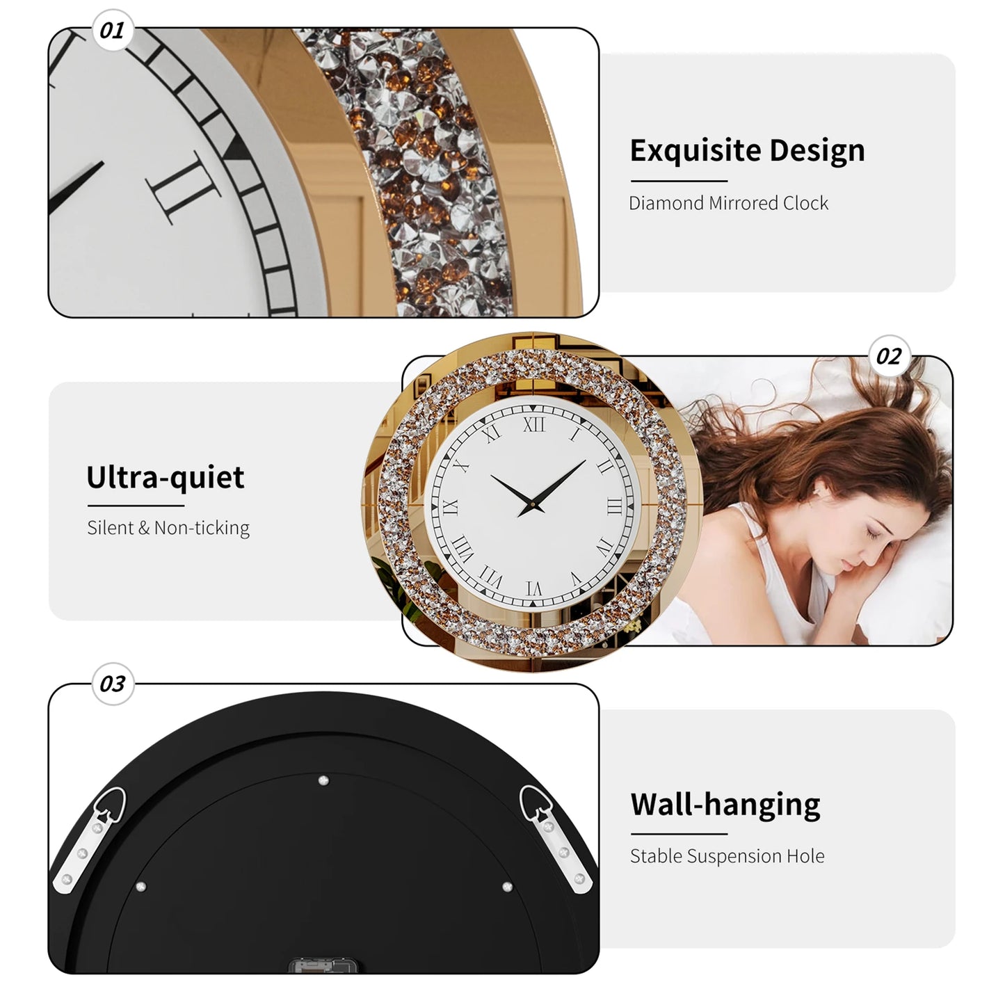 60/80CM Silver Mirrored Wall Clock | Glam Sparkle Round Home Decor