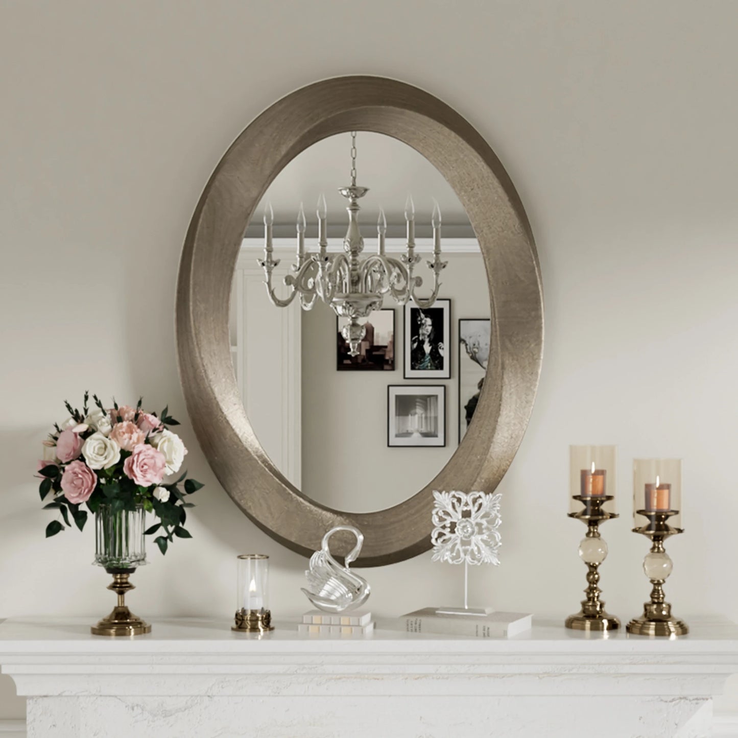 Large Oval Wall Mirror 32″ × 24″ – Baroque Silver Glass Vanity Mirror with Brass Edge Frame for Modern Home Decor