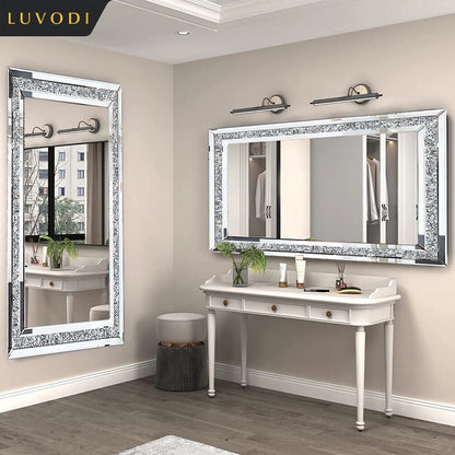 LUVODI Large Silver Crystal Wall Mirror Frameless Vanity Dressing Mirror