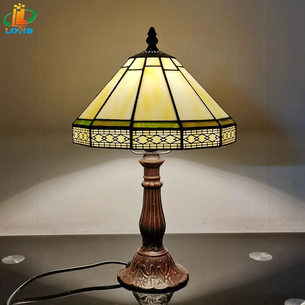 22cm Minimalist European Geometric Table Lamp – Tiffany Style Glass Desk Light for Living Room, Bar & Office