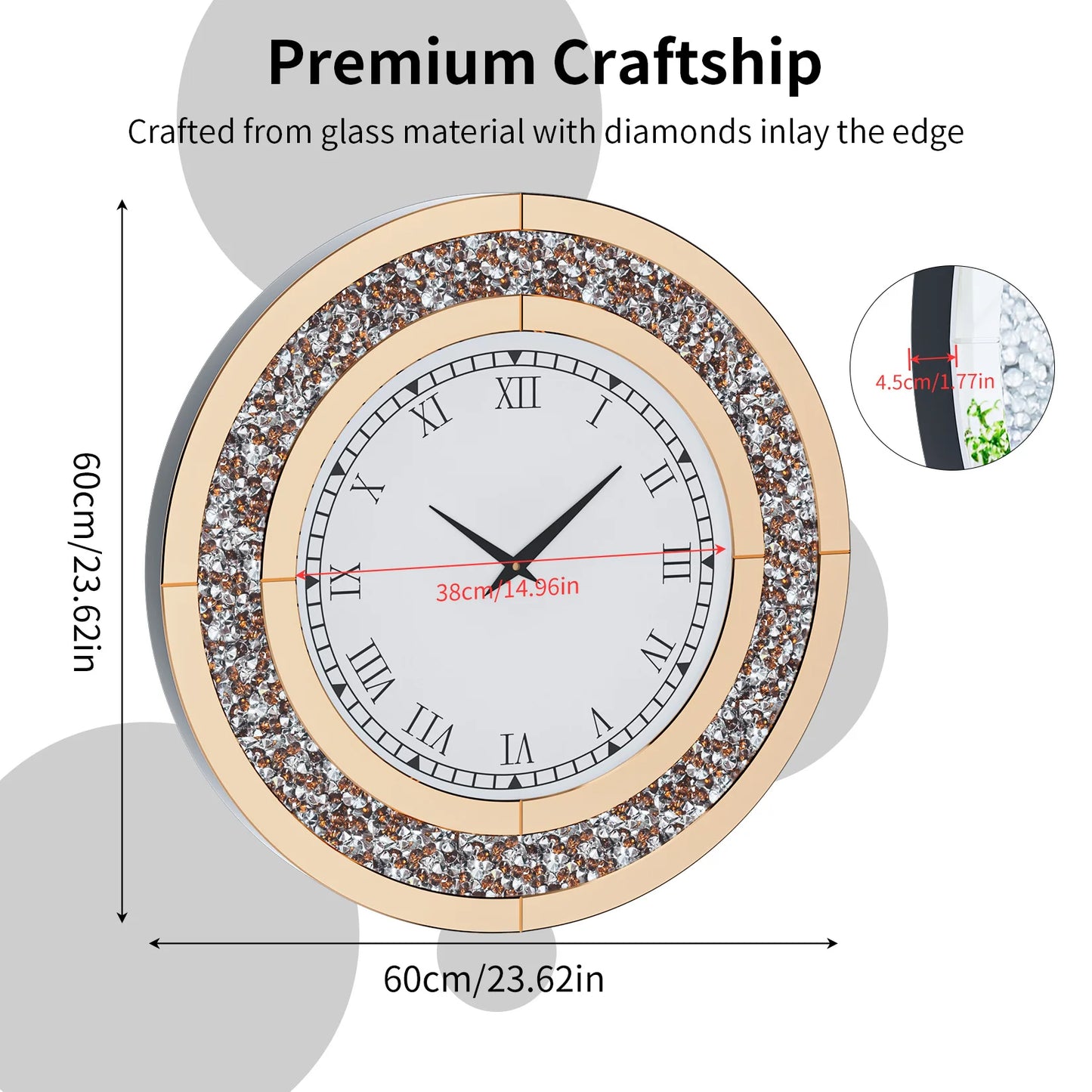 60/80CM Silver Mirrored Wall Clock | Glam Sparkle Round Home Decor