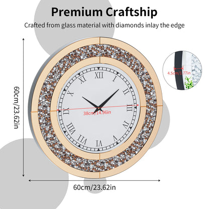 60/80CM Silver Mirrored Wall Clock | Glam Sparkle Round Home Decor