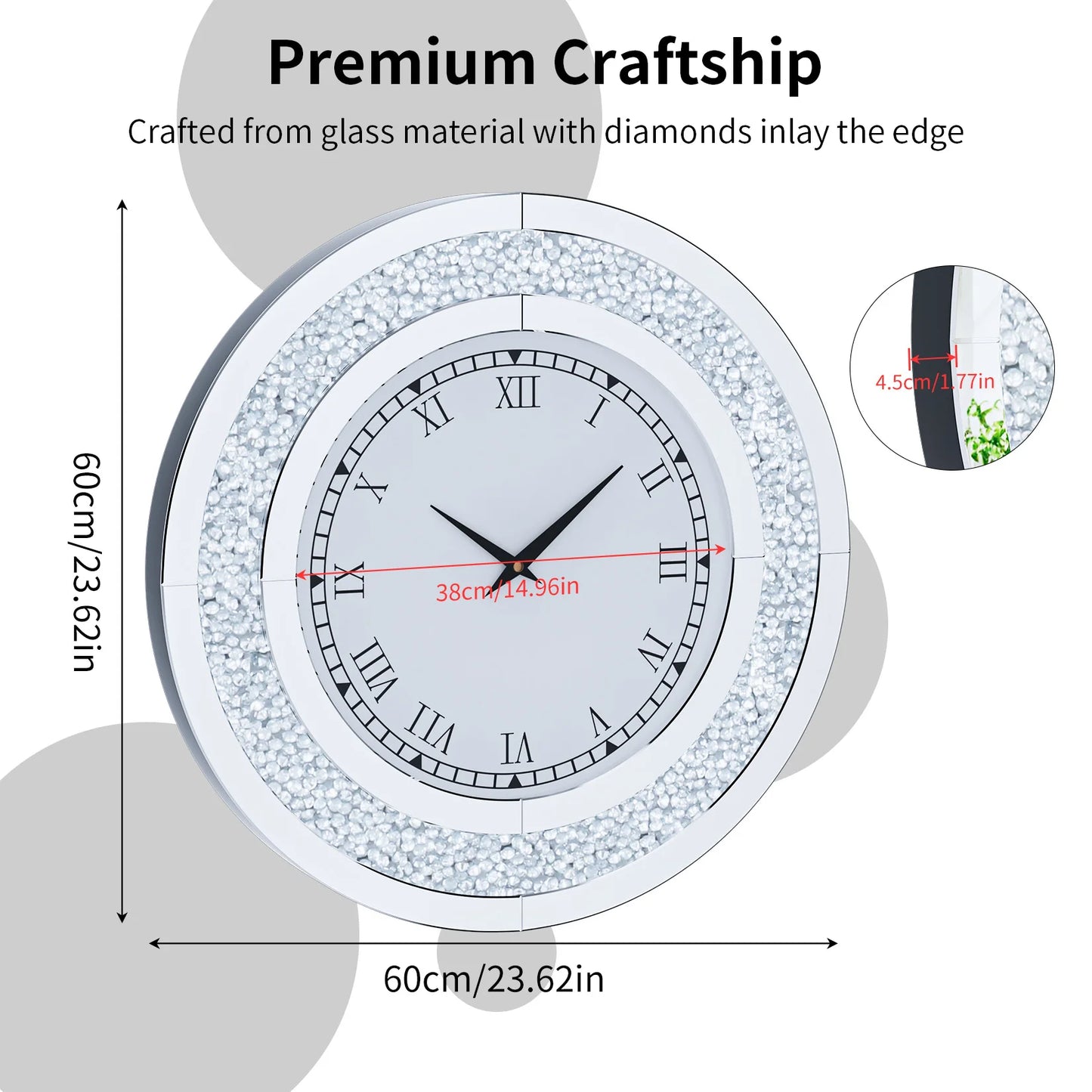 60/80CM Silver Mirrored Wall Clock | Glam Sparkle Round Home Decor