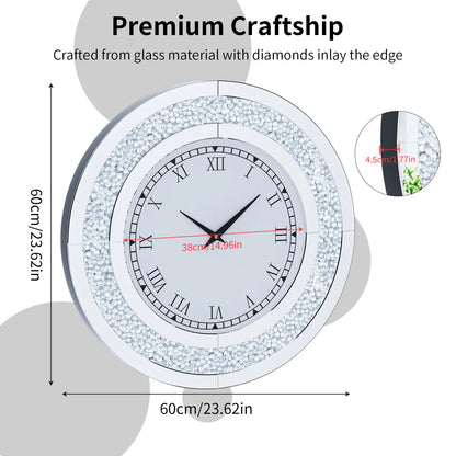 60/80CM Silver Mirrored Wall Clock | Glam Sparkle Round Home Decor