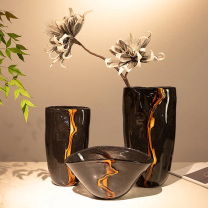 1PC High-End Black & Orange Veined Retro Flower Vase, Modern Soft Decoration for Home Decor