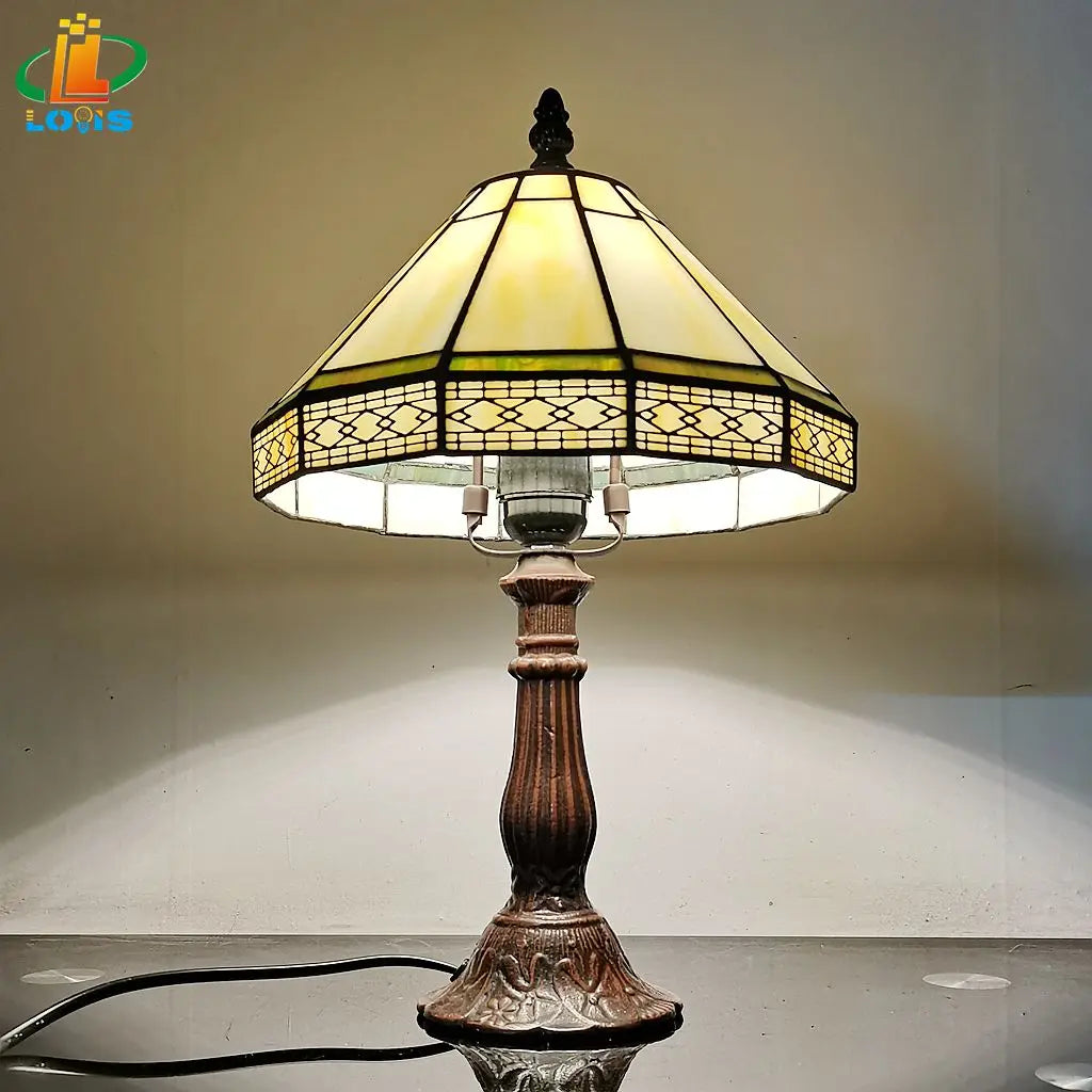 22cm Minimalist European Geometric Table Lamp – Tiffany Style Glass Desk Light for Living Room, Bar & Office