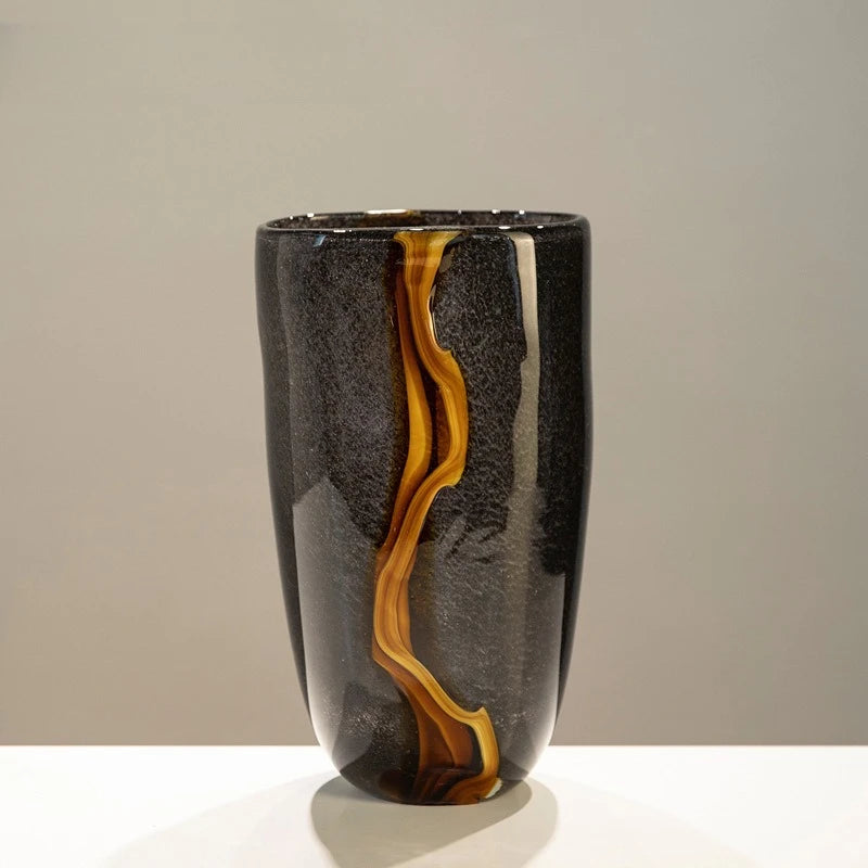 1PC High-End Black & Orange Veined Retro Flower Vase, Modern Soft Decoration for Home Decor